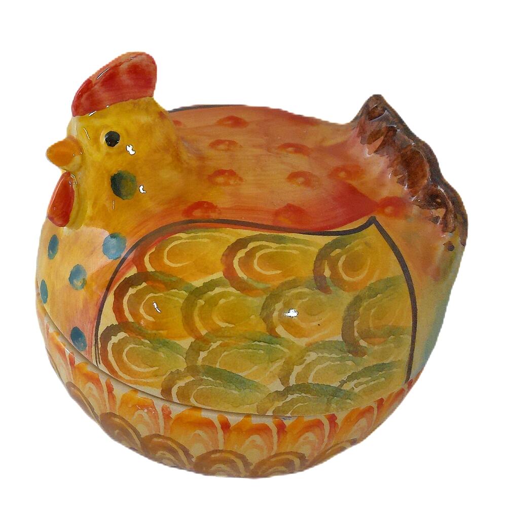 Vintage Italica ARS Hand Painted Hen On Nest Lidded Dish Italy Majolica Pottery